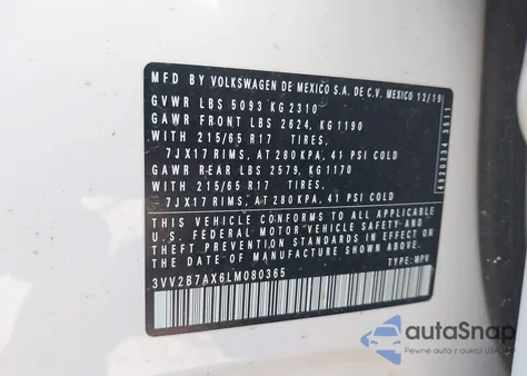 2020 Volkswagen Tiguan 2.0T Se/2.0T Se R-Line Black/2.0T Sel z USA, uszkodzony, nr VIN 3VV2B7AX6LM080365